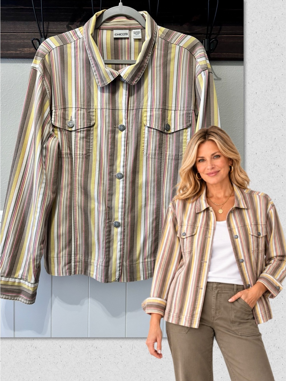 Chico’s Cotton Lightweight Striped Layering Casual Jacket Yellow Brown White 90s